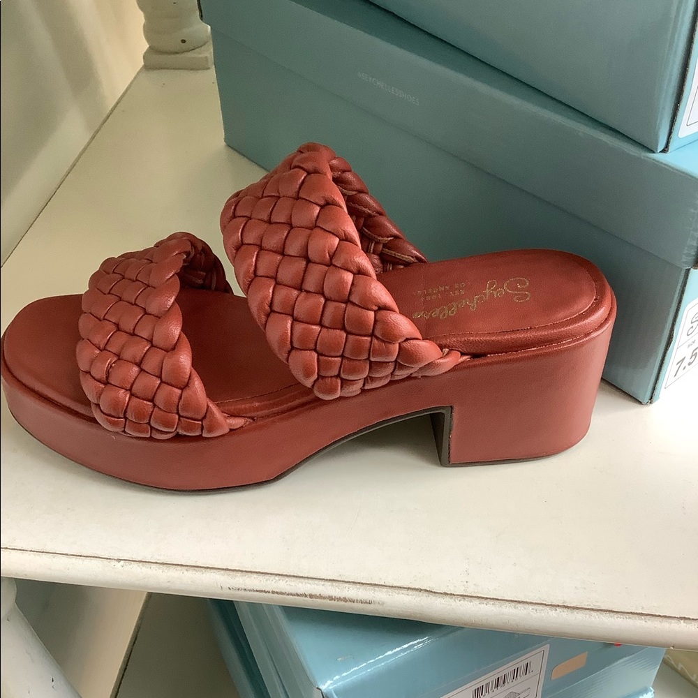 Seychelles Woven Slide Sandal Novelty Leather Heels in Terracotta